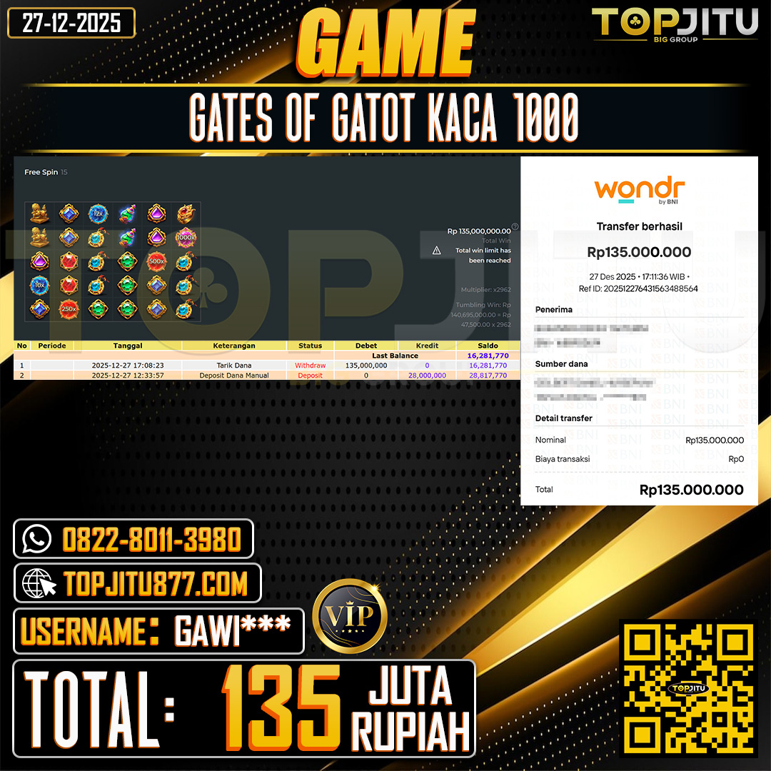  TOPJITU JACKPOT SLOT GATES OF GATOT KACA 1000 Rp.135.000.000 ,- LUNAS USER ID: GAWI***