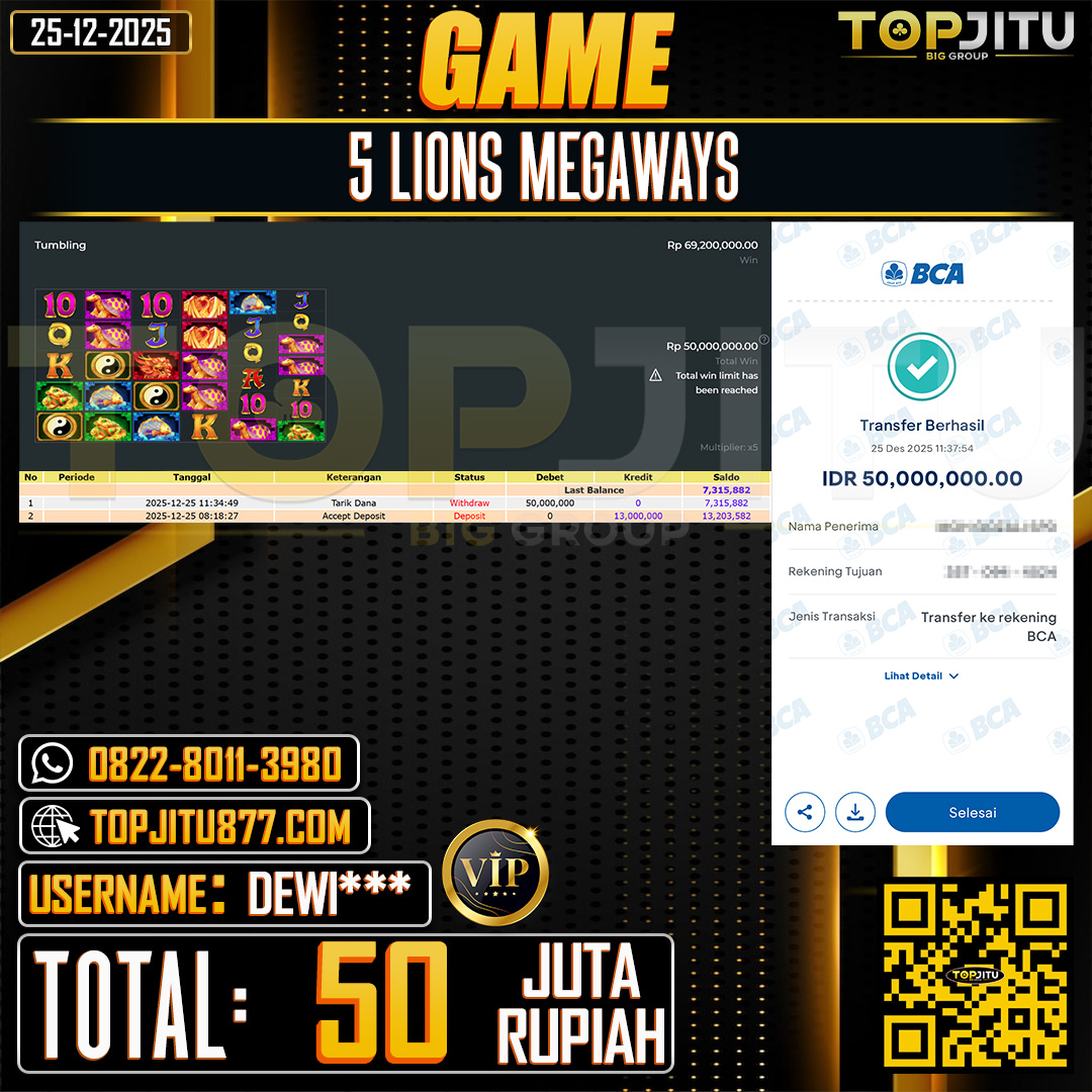 TOPJITU JACKPOT SLOT 5 LIONS MEGAWAYS Rp.50.000.000 ,- LUNAS USER ID: DEWI***