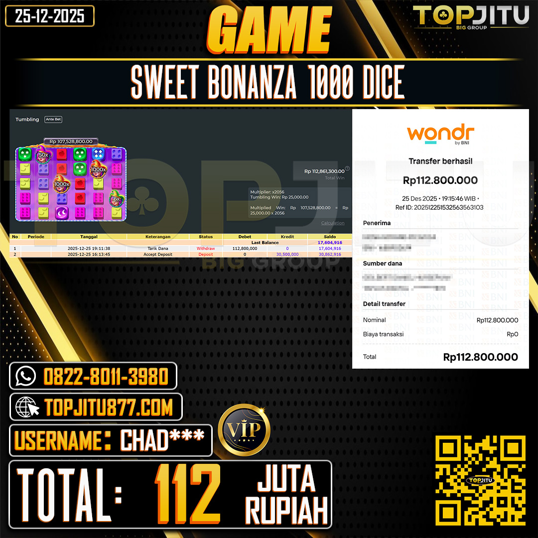 TOPJITU JACKPOT SLOT SWEET BONANZA 1000 DICE Rp.112.000.000 ,- LUNAS USER ID: CHAD***