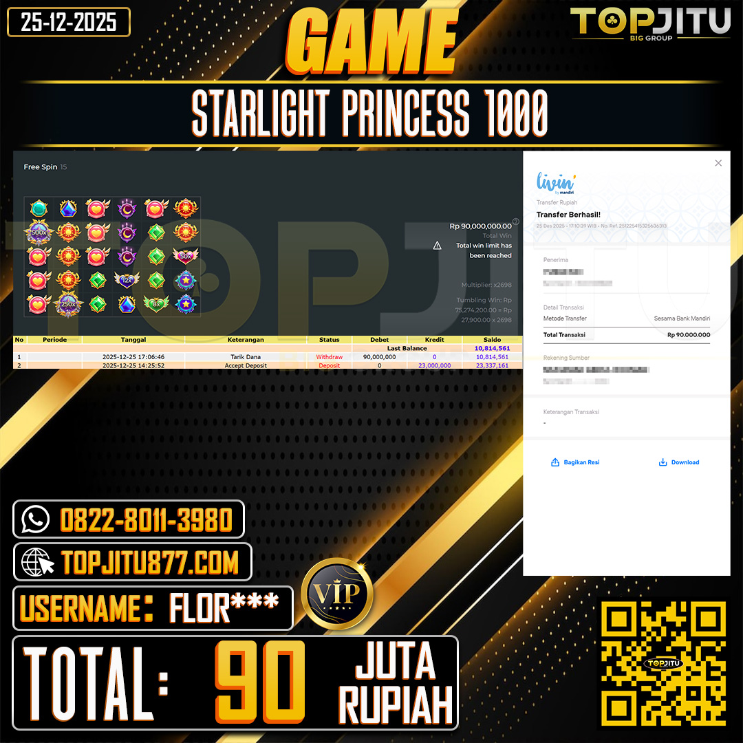 TOPJITU JACKPOT SLOT STARLIGHT PRINCESS 1000 Rp.90.000.000 ,- LUNAS USER ID: FLOR***